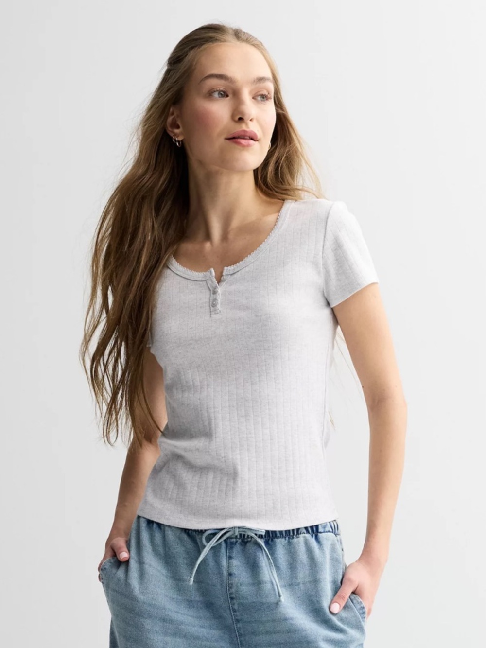 Light Grey Short Sleeve Henley Pointelle Top